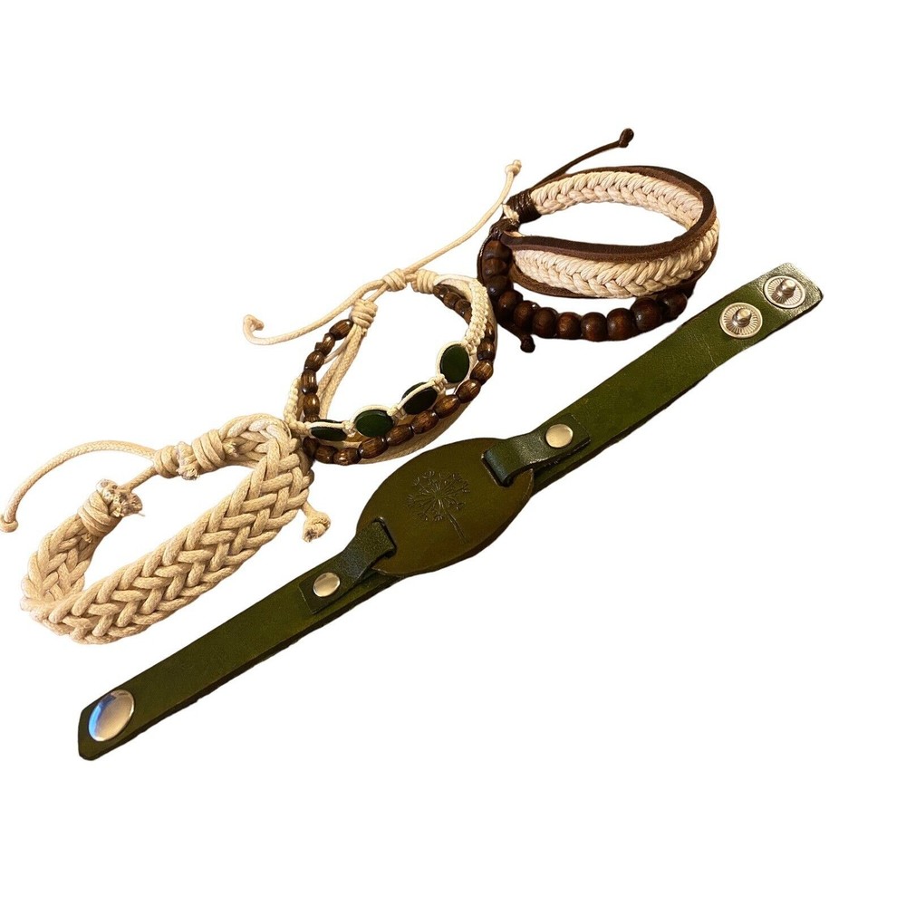 4 Bracelets Green Leather Snap Dandelion 3 Natural and Brown Pull String